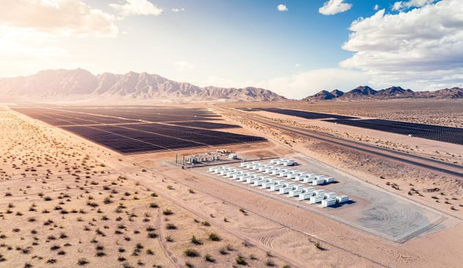 Tesla Megapack batteries in the desert next to a solar array.