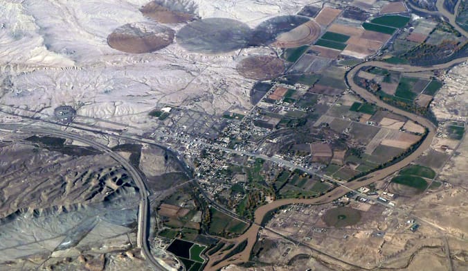 An aerial view of a rural desert area