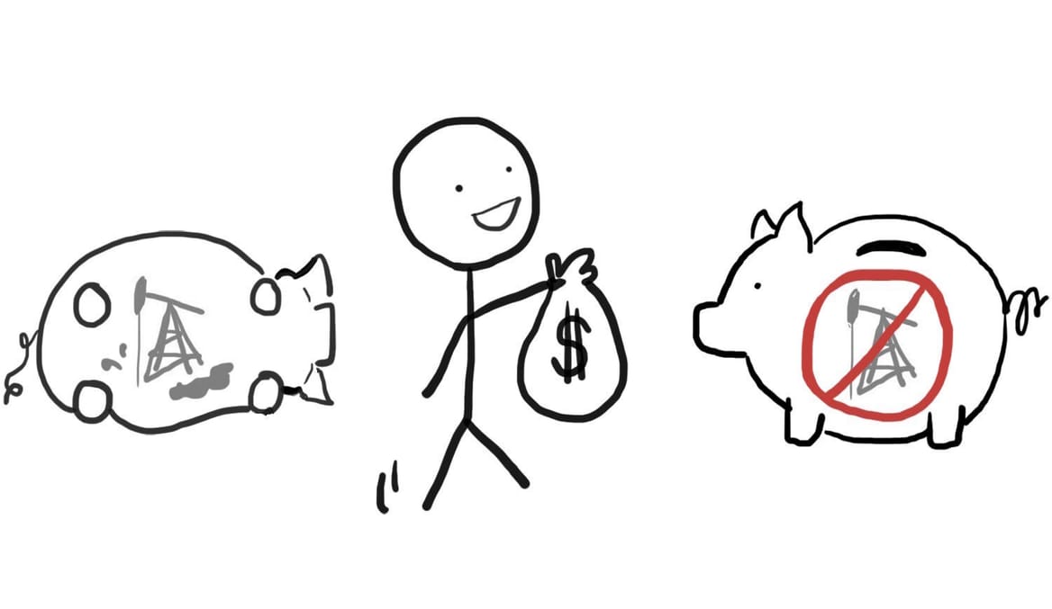 Drawing of person with bag of money moving away from fossil-fuel piggy bank toward fossil-free piggy bank.