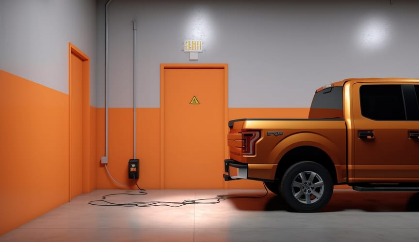 An orange pickup truck inside an indoor garage stall painted orange and gray. Truck is plugged into a standard wall outlet.