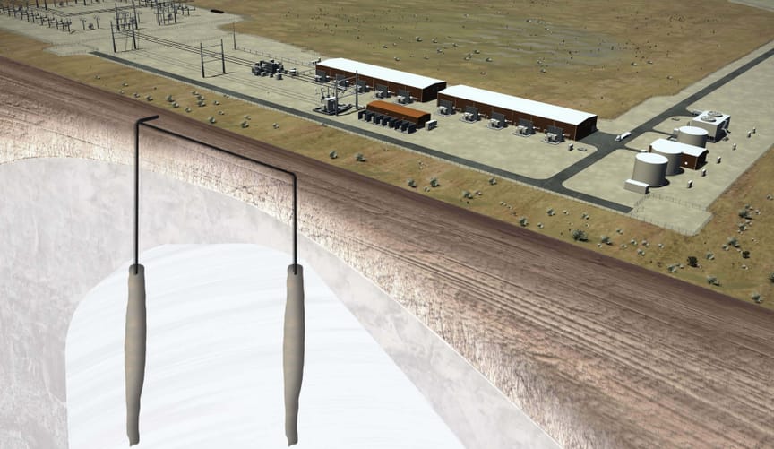Artist’s rendering showing an industrial facility above ground and a large salt cavern underground