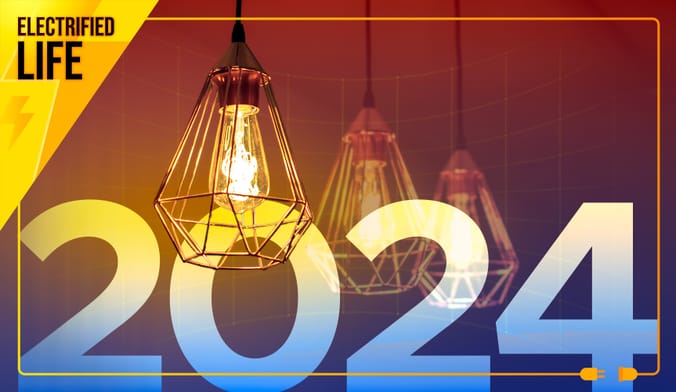 3 geometric pendant lights superimposed over the number 2024. A yellow electrical-cord border says Electrified Life.