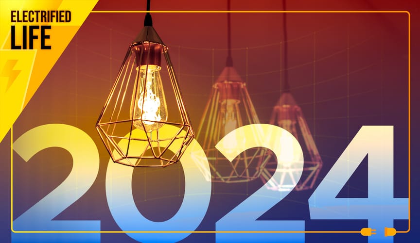 3 geometric pendant lights superimposed over the number 2024. A yellow electrical-cord border says Electrified Life.