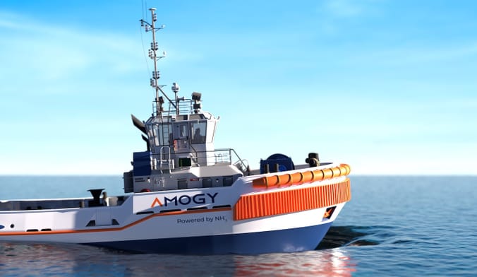 An artistic rendering shows a white, blue and orange tugboat with Amogy's logo sailing through the open water
