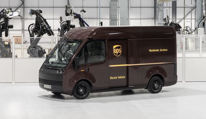 An electric prototype of a brown UPS delivery van