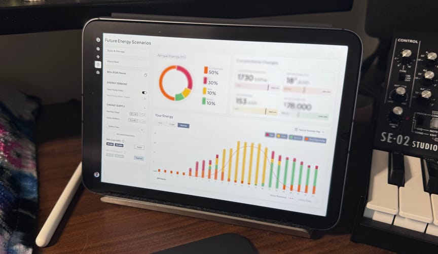 An iPad showing the user interface of Balto Energy’s solar-led electrification design software system