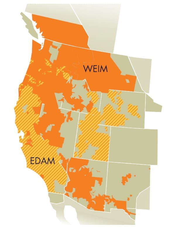 Map of utilities that have expressed intent to join CAISO's Extended Day-Ahead Market, overlaid on map of WEIM members