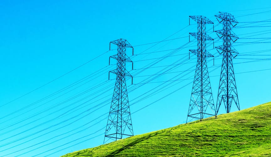 Three large black transmission towers with many power lines on a verdant hill with a bright blue sky in the background
