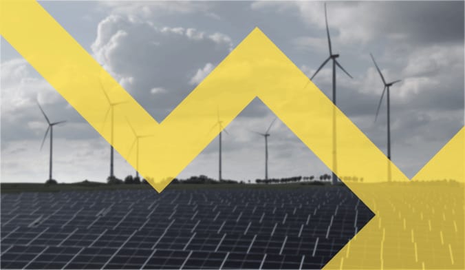 a yellow arrow pointing down in front a wind and solar farm