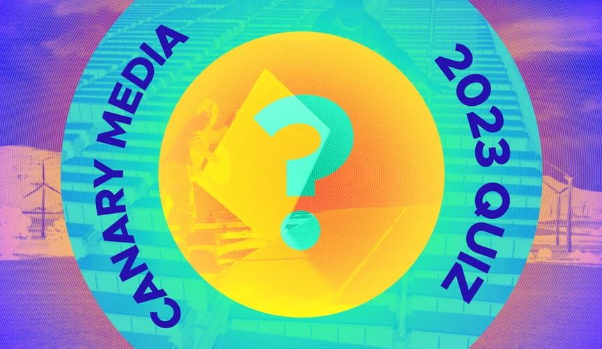 A photo collage of wind turbines and solar panels. At center is a multicolor graphic that says Canary Media News Quiz 2023