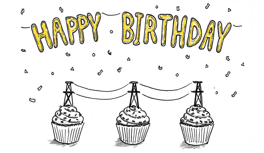 cartoon with "happy birthday" message and three cupcakes connected by transmission wires