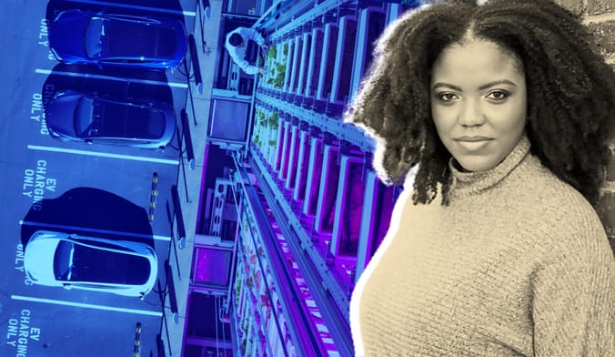 A collage of images showing an EV parking lot, scientists in a lab, and a woman with a medium skin tone and curly hair