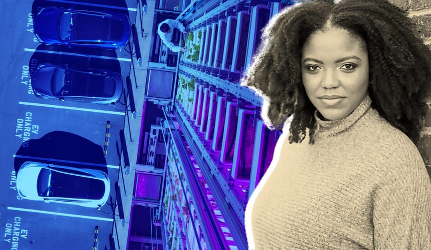 A collage of images showing an EV parking lot, scientists in a lab, and a woman with a medium skin tone and curly hair