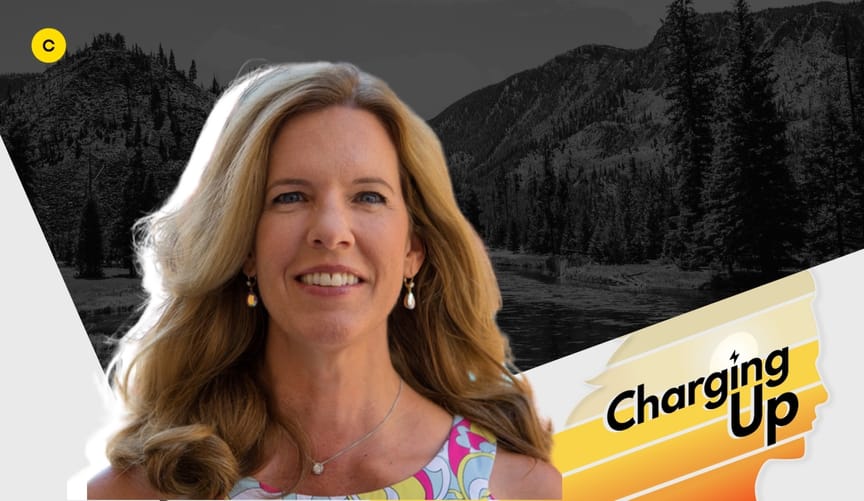 A white woman with long blonde hair in front of a stylized graphic with the words Charging Up