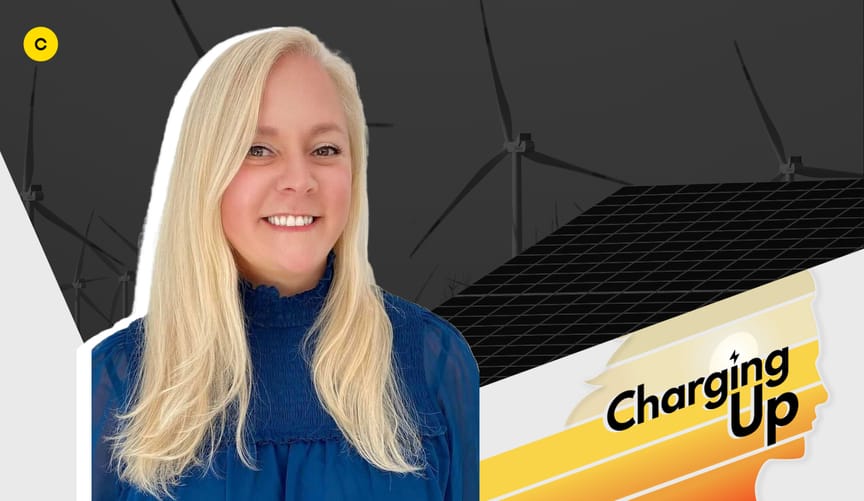 A woman with light blond hair wearing a blue blouse. A stylized graphic has the words Charging Up