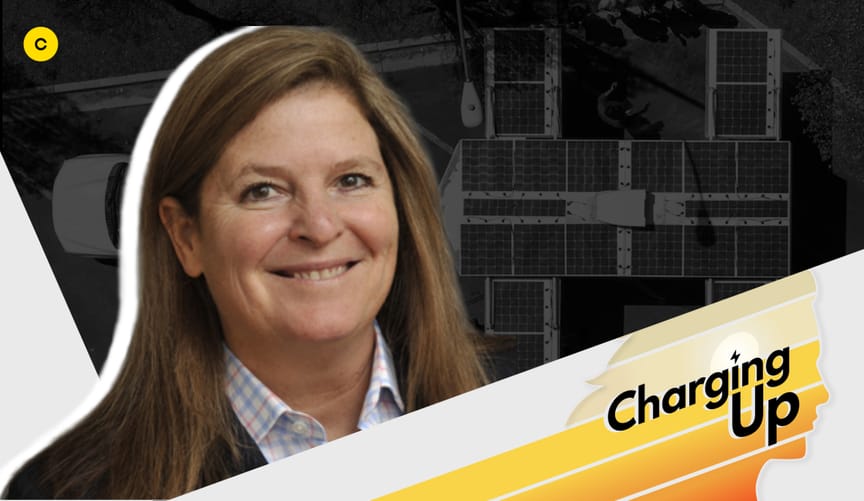 A white woman with medium length brown hair smiles next to a graphic with the words (Charging Up)