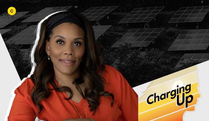 A Black woman with long dark hair wearing a red top next to a stylized graphic that says Charging Up