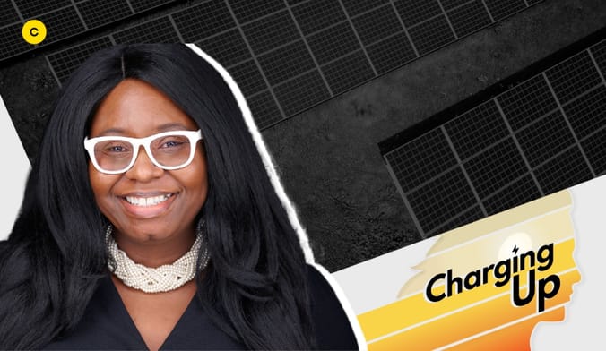 A smiling Black woman with long black hair and white-framed eyeglasses, next to a stylized graphic with the words Charging Up