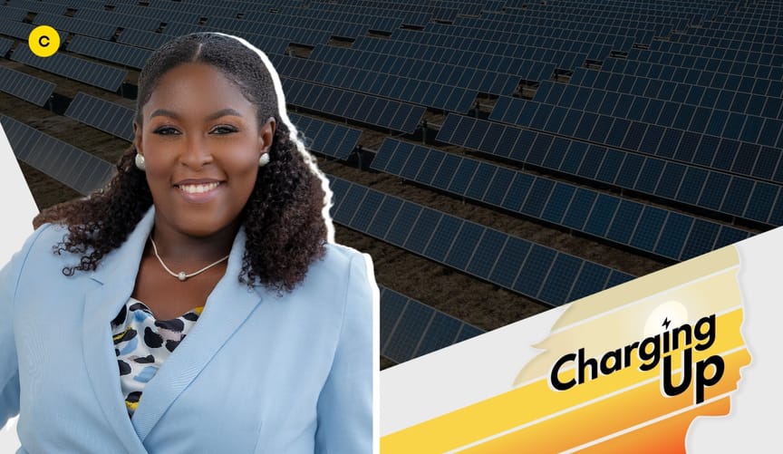 A smiling Black woman with shoulder-length dark curly hair and a light-blue jacket next to a graphic that says Charging Up