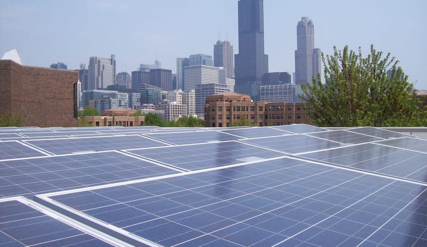 solar panels against the Chicago skyline