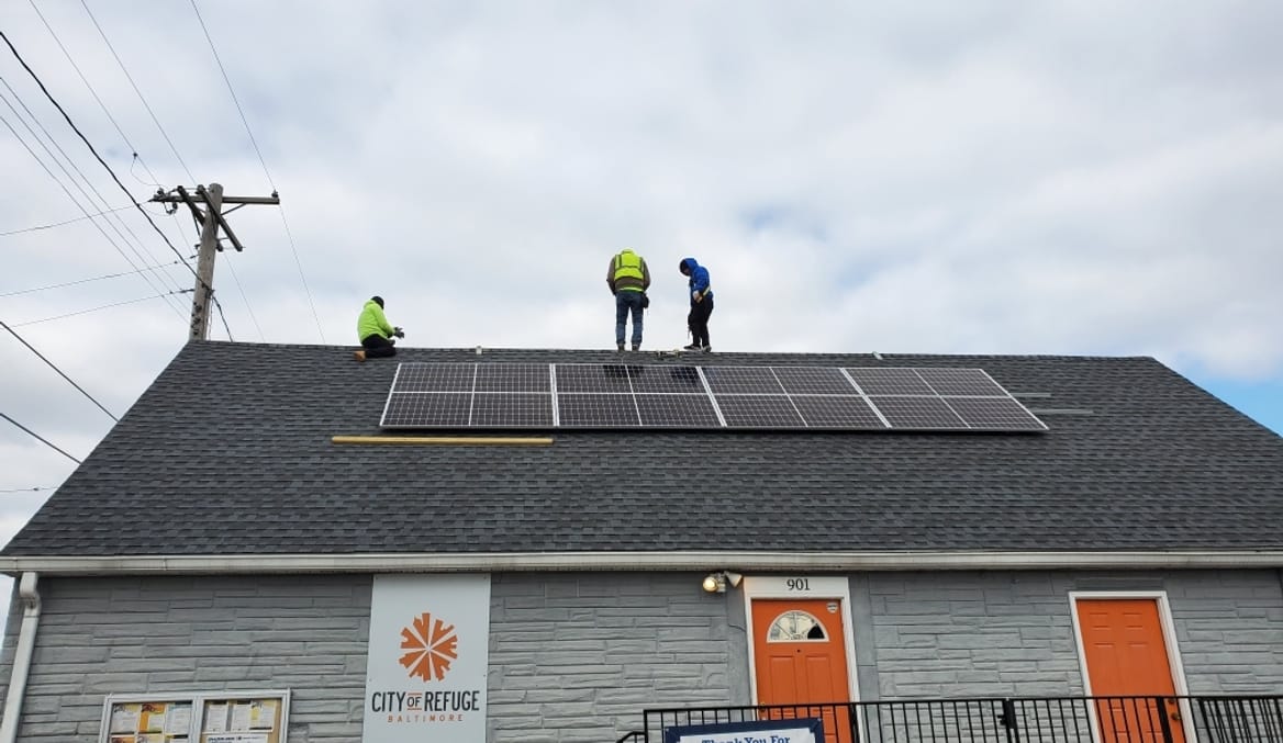 Solar installation on roof of City of Refuge youth center in Baltimore
