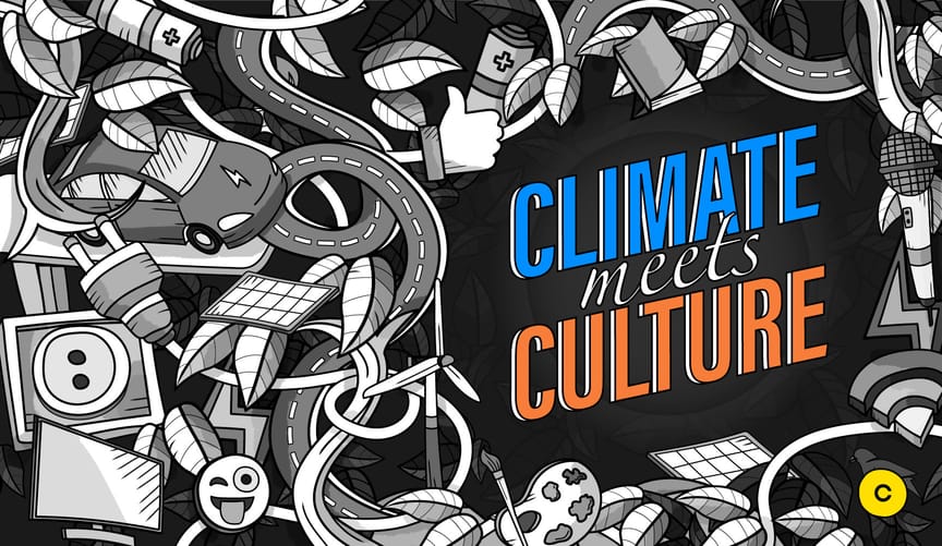A stylized graphic of black and white illustrations surrounding the words Climate Meets Culture