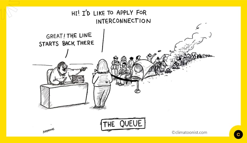 A woman says Hi! I'd like to apply for interconnection. A man points at a long line and says great the line starts back there