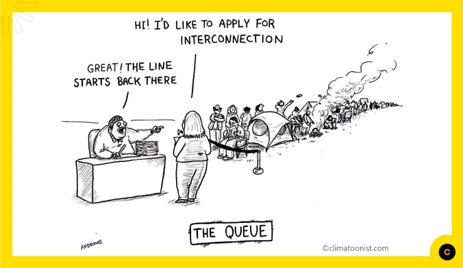 A woman says Hi! I'd like to apply for interconnection. A man points at a long line and says great the line starts back there