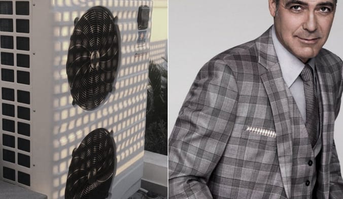 A beige heat pump with shadows falling across it in a grid pattern next to George Clooney in a checkered jacket