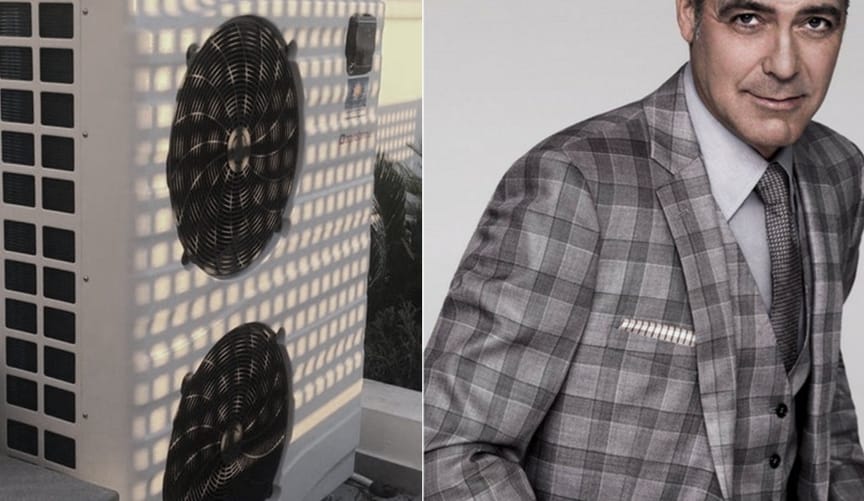 A beige heat pump with shadows falling across it in a grid pattern next to George Clooney in a checkered jacket