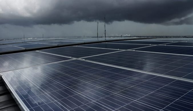 A dark, gloomy sky over a large solar array
