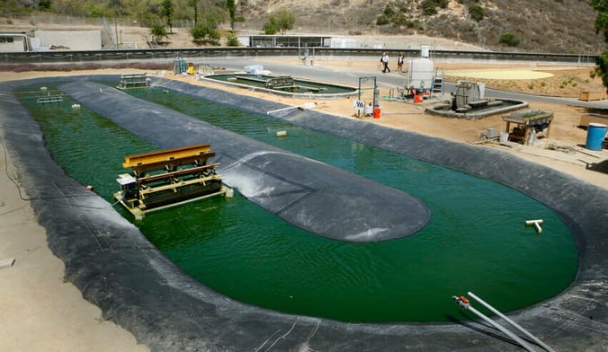 Large cylindrical pool filled with green liquid at an industrial facility. A machine moves around the pond mixing the liquid
