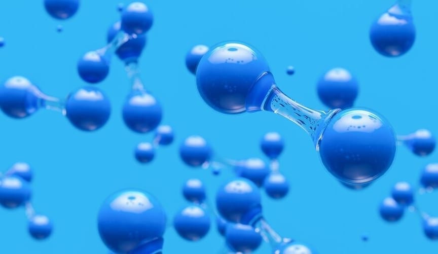 a conceptual image of hydrogen molecules against a blue background