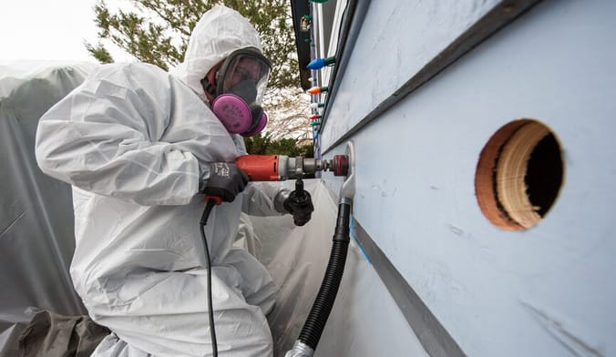 A man in a white protective suit and protective mask drills holes into the wooden siding of a home