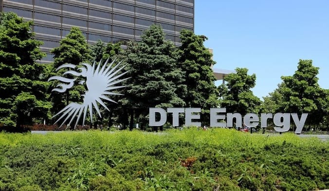A shot of the exterior of a large office building with a sign that says DTE Energy