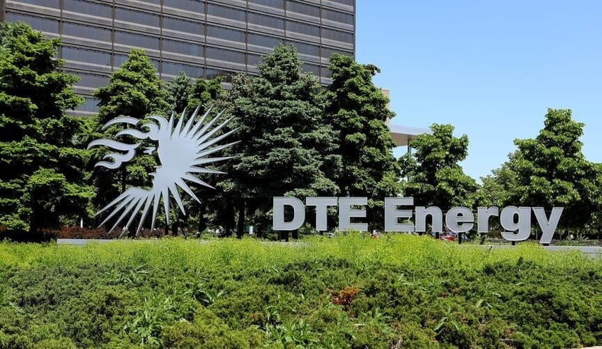 A shot of the exterior of a large office building with a sign that says DTE Energy