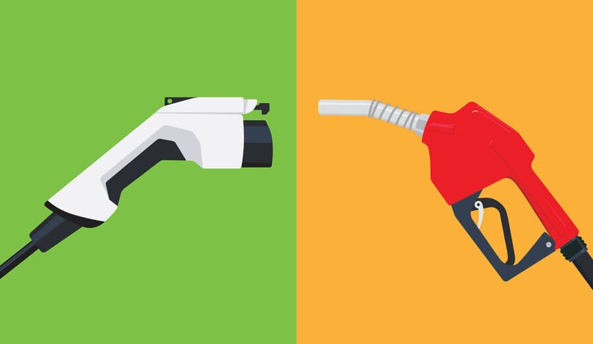 An illustration of an EV charger and a gasoline pump