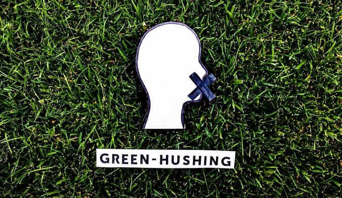 a silhouette of a human figure with an X over its mouth. The word "green-hushing" is below. Backdrop is a patch of grass.