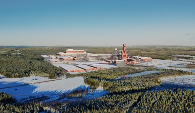 An illustration of a sprawling industrial facility set amid forested land