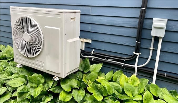 A beige square metal heat pump installed on the side of a house with blue siding amid an abundant garden of greenery