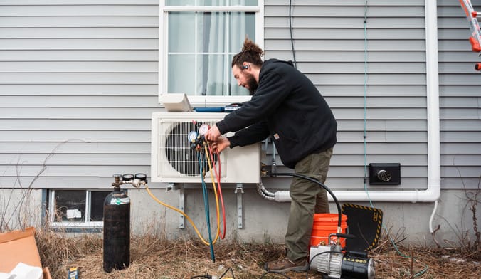 A man with a beard and ponytail hooks hoses to an appliance installed in an exterior window of a home