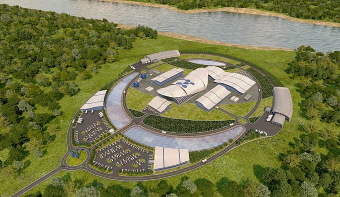 A drawing of a proposed nuclear power plant in a wooded area near a river