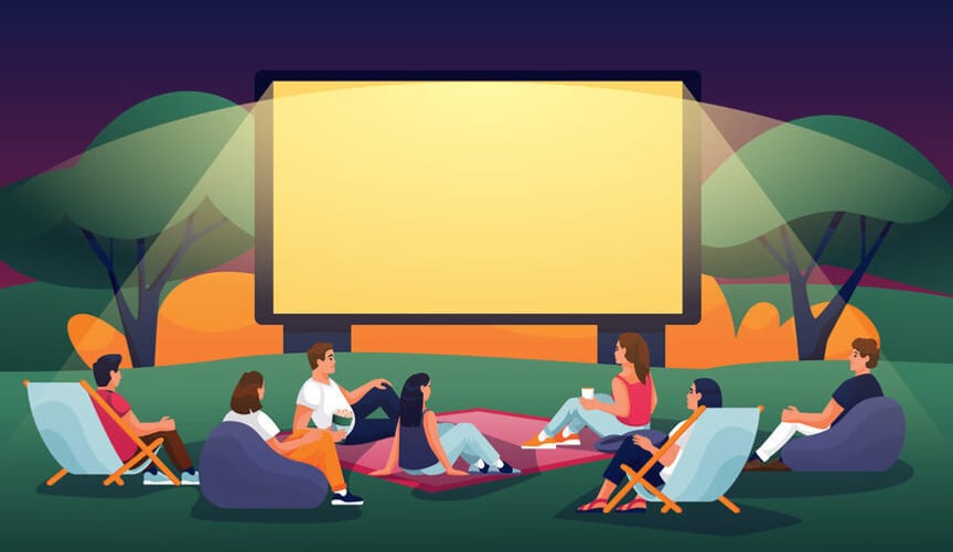A cartoon illustration of a group of people watching a movie outside at night