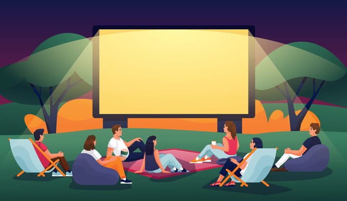 A cartoon illustration of a group of people watching a movie outside at night