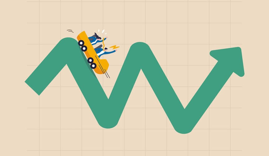 An illustration showing a man and a woman riding on a volatile line chart as if it were a roller coaster