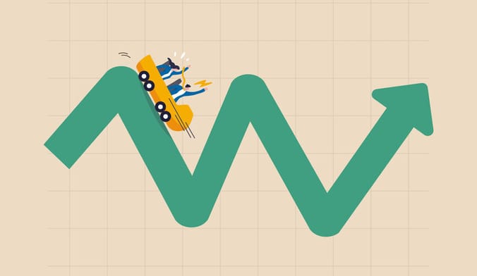 An illustration showing a man and a woman riding on a volatile line chart as if it were a roller coaster