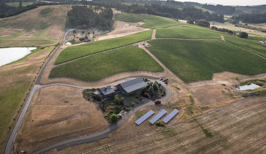 an aerial view of a rural agricultural property with solar panels in the Willamette Valley, Oregon