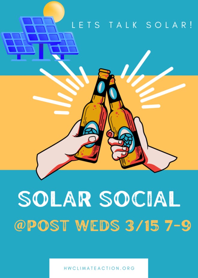 a sign that shows illustrations of a solar array, two beer bottles clinking and the words LET's TALK SOLAR