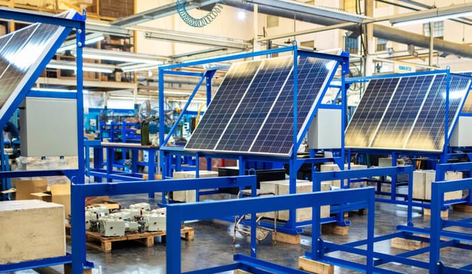 Solar panels on an assembly line