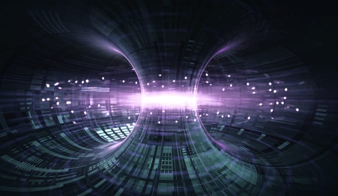 A futuristic concept illustration of a nuclear fusion tokamak chamber